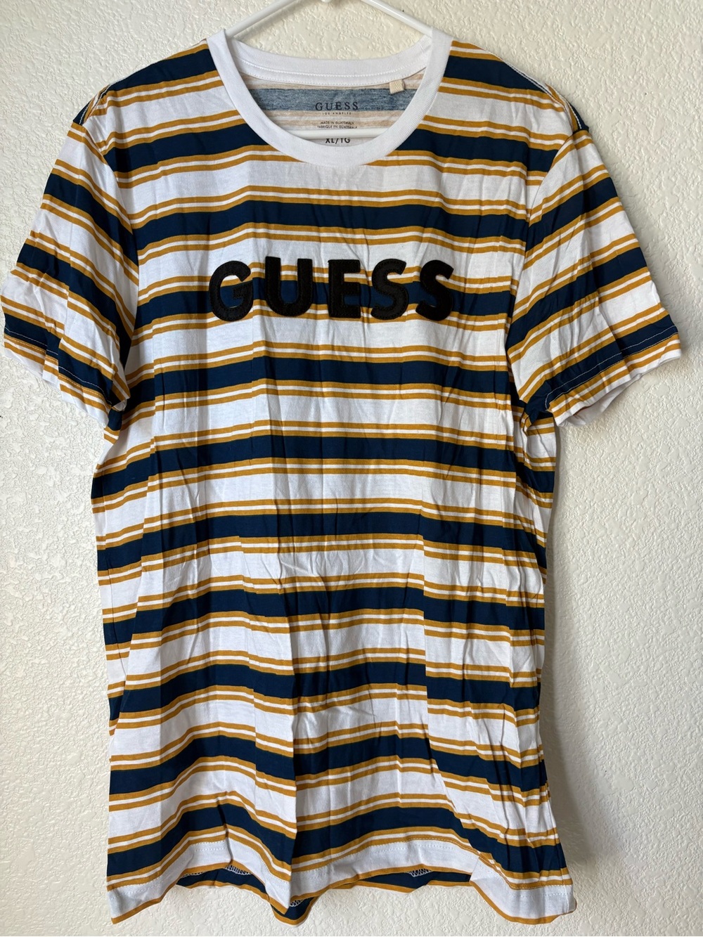 GUESS White Navy & Mustard Striped Logo Tee